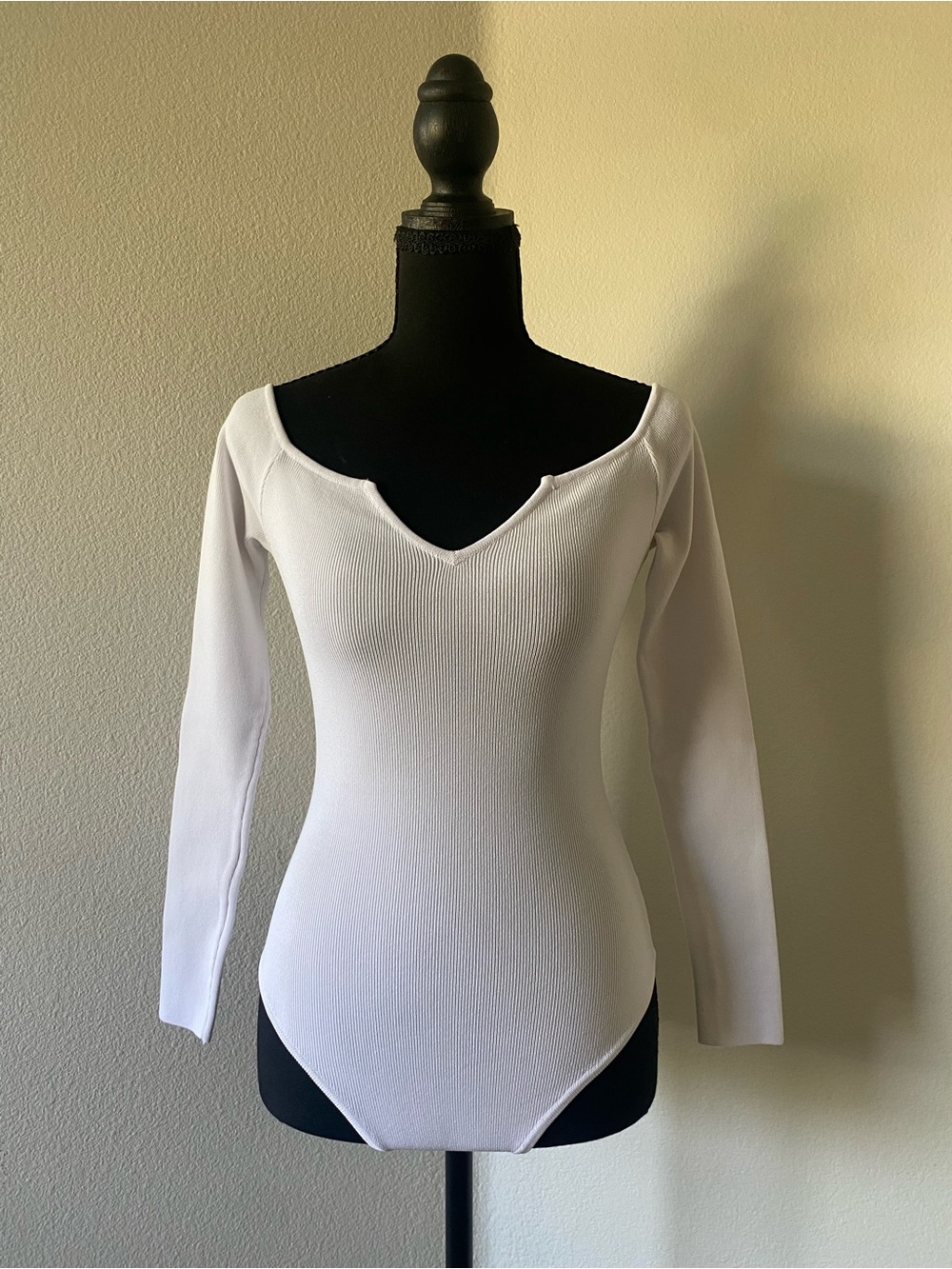 superdown White Ribbed Long-Sleeve V-Notch Bodysuit